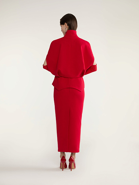 Красный костюм-двойка из жакета с баской и юбки-миди, 6