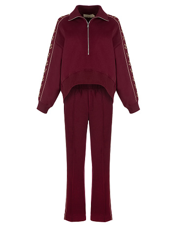 Бордовый костюм с укороченной толстовкой и вышивкой YD, 1