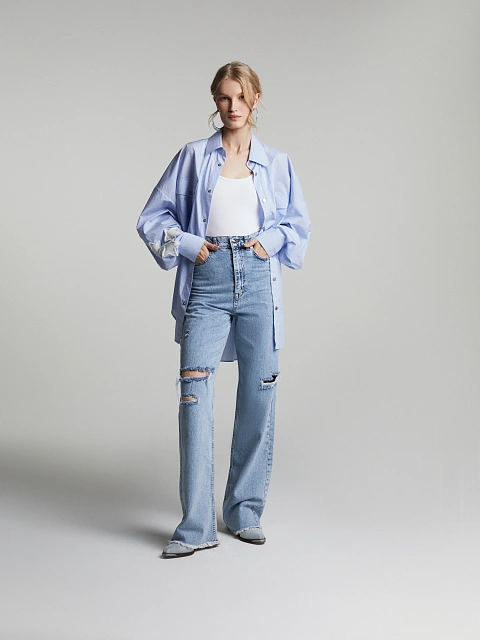 Голубая рубашка из хлопка в клетку с отделкой из белого денима, 7