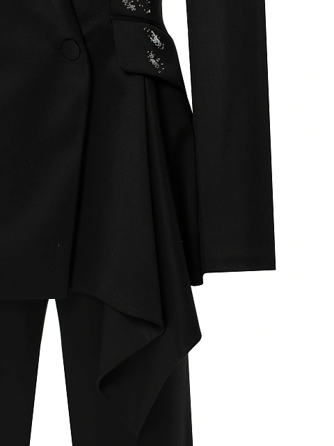 Черный костюм-двойка из шерсти с асимметричным жакетом и вышивкой, 5