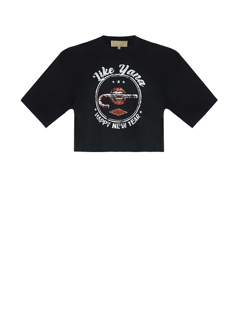 Черная укороченная футболка с принтом, 1