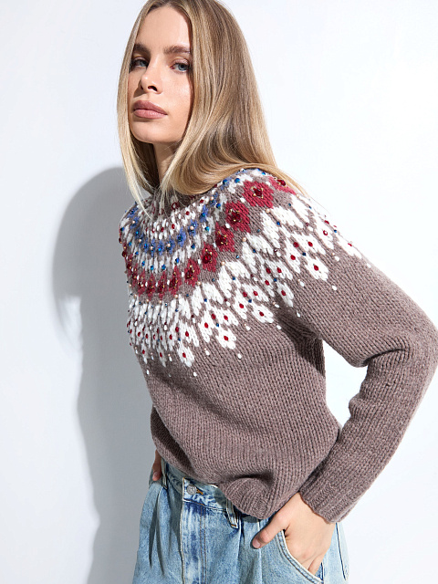 Коричневый кашемировый свитер с узором и жемчугом, 2 Коричневый кашемировый свитер с узором и жемчугом, 2