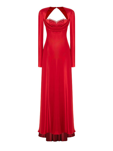 Красное платье-макси из шелка со стразами, 1