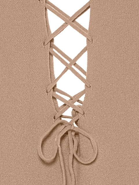 Бежевое трикотажное платье-миди с вырезами и шнуровкой, 3