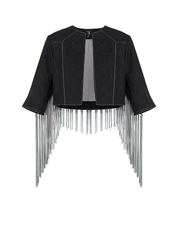 Черный жакет из денима с бахромой и вышивкой на спине, 1