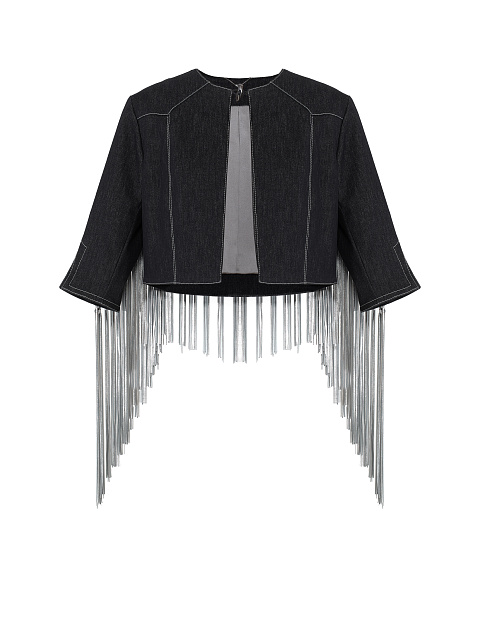 Черный жакет из денима с бахромой и вышивкой на спине, 1 Черный жакет из денима с бахромой и вышивкой на спине, 1