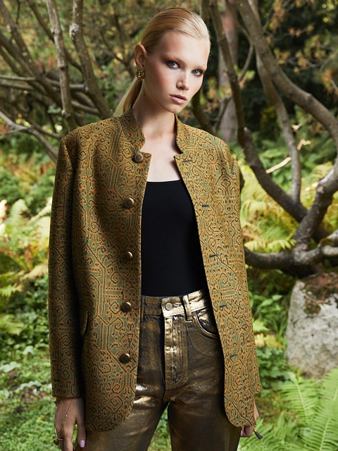 Однобортный жакет из желто-зеленого жаккарда, 4